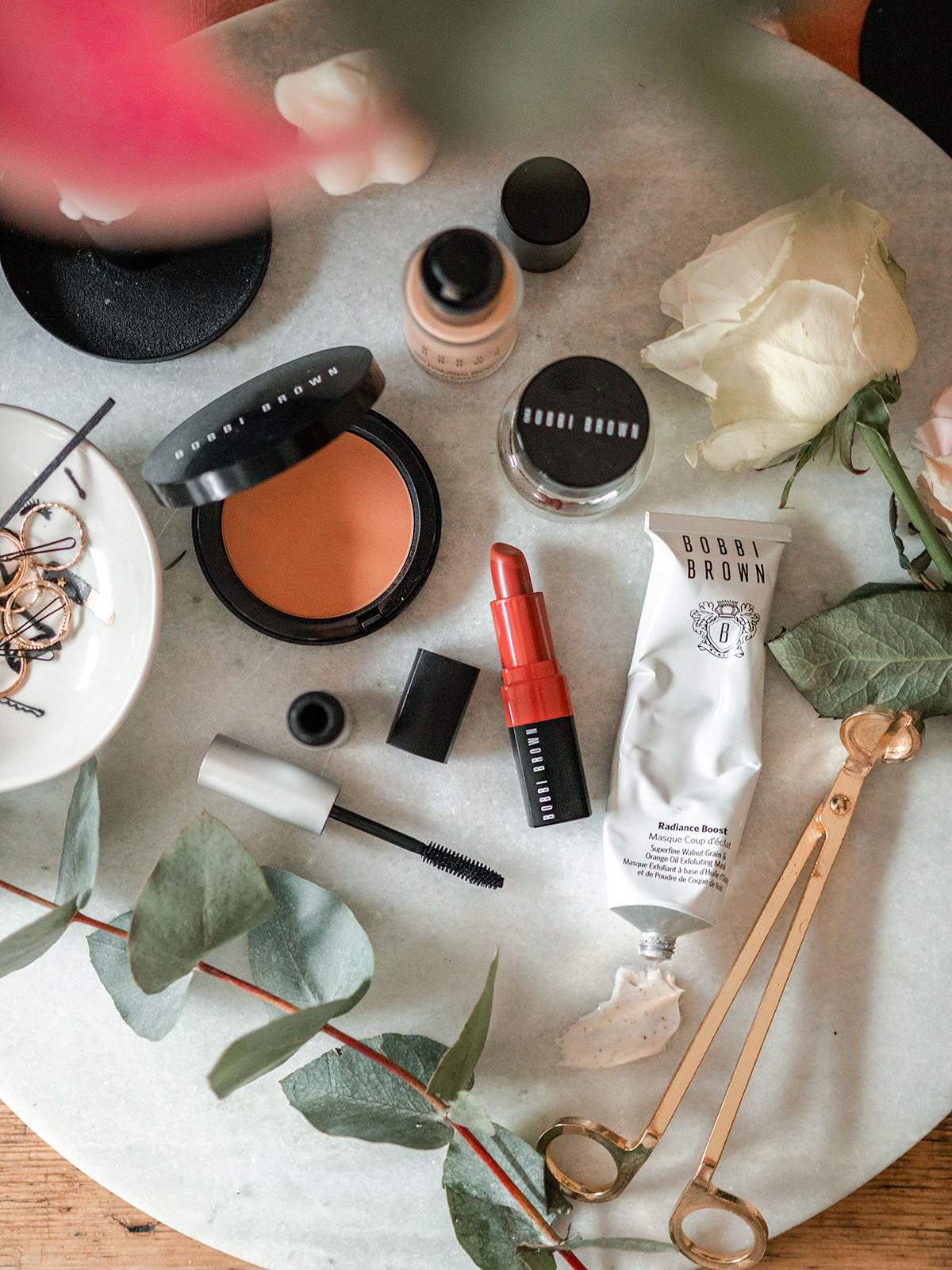 bobbi brown favourites skincare makeup review flat lay photography beauty post foundation bronzer radiance boost mask