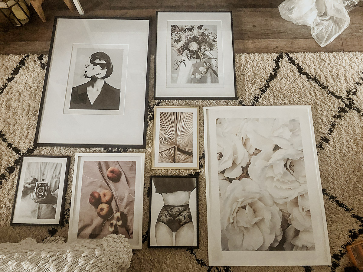 how to create a gallery wall lounge picture frames framed prints assortment layout floor arrangement