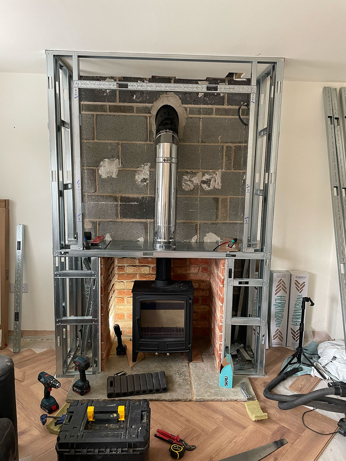 log burner installation new build fireplace install home renovation house chimney breast